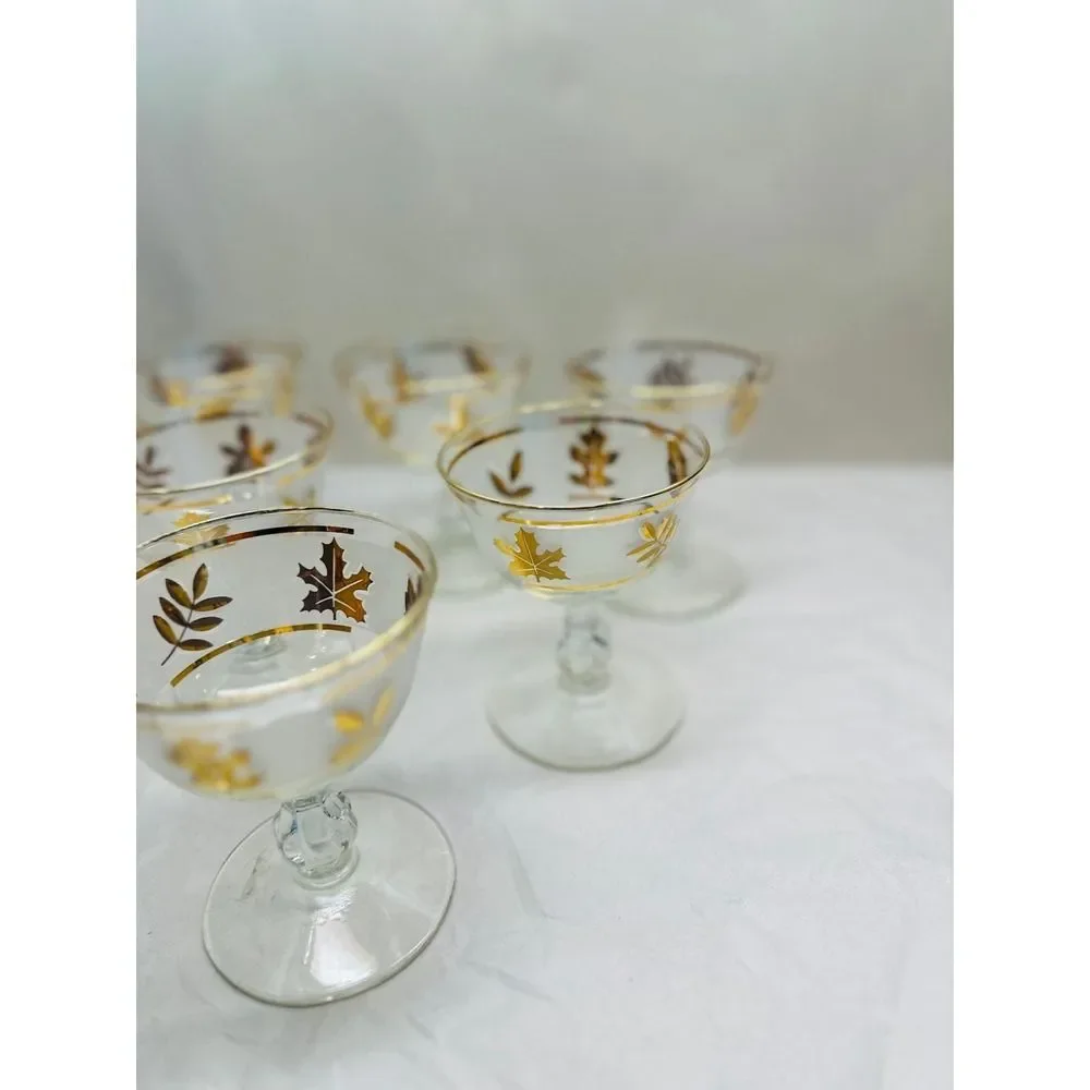 Vintage Libbey Gold Foliage Coupe Glasses Set 6